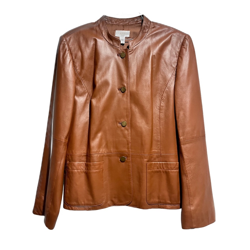 Talbots Cognac Brown Button Front Leather Jacket with shoulder pads. Size 14